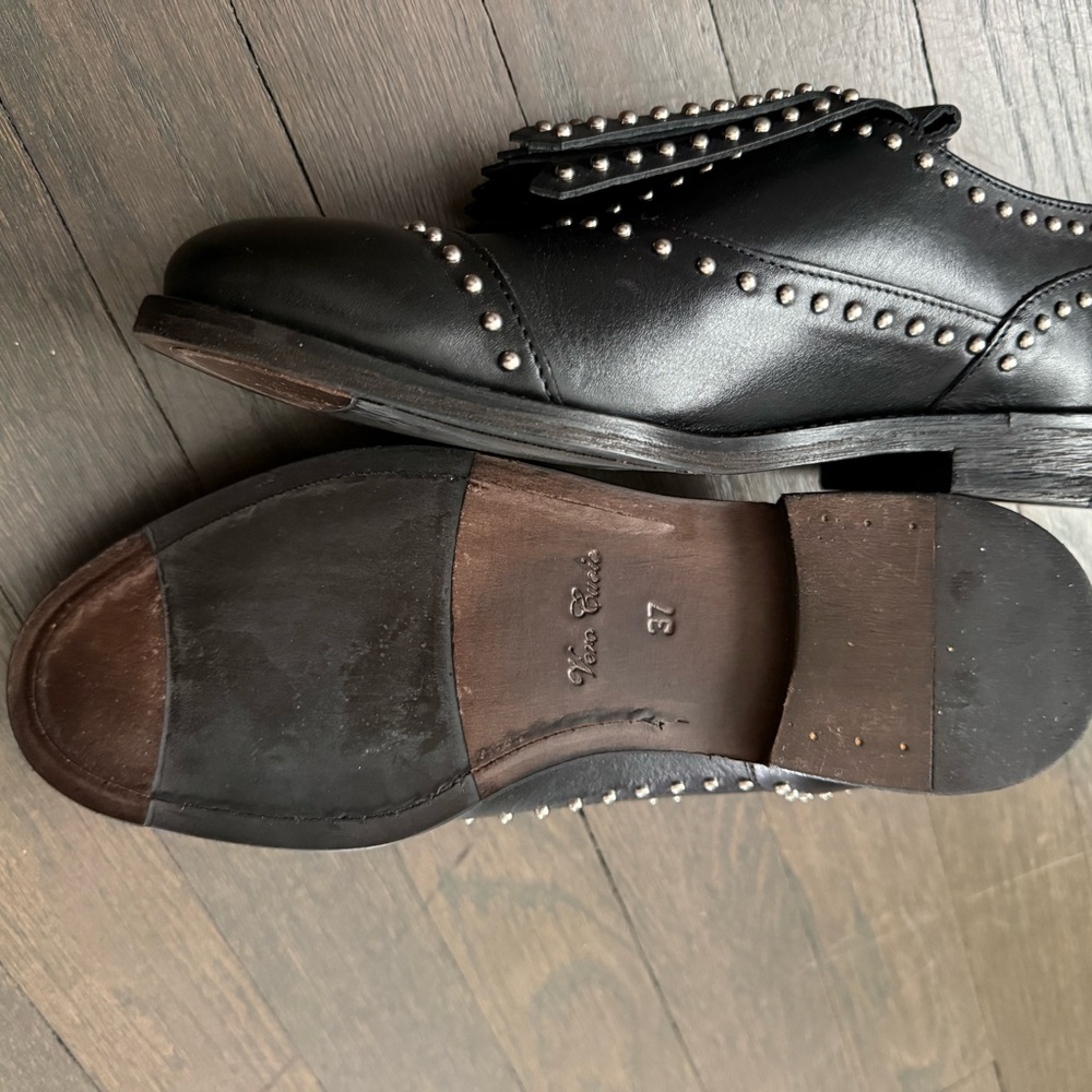 New Boemos Black Leather Studded Wingtip Fringe Loafers - Picture 4 of 6